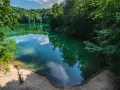 Malownicze jezioro szmaragdowe w Koninie otoczone bujną zielenią.