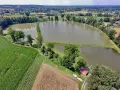 Widok z lotu ptaka na stawy rybne w Czechowicach-Dziedzicach, otoczone polami kukurydzy i lasem.