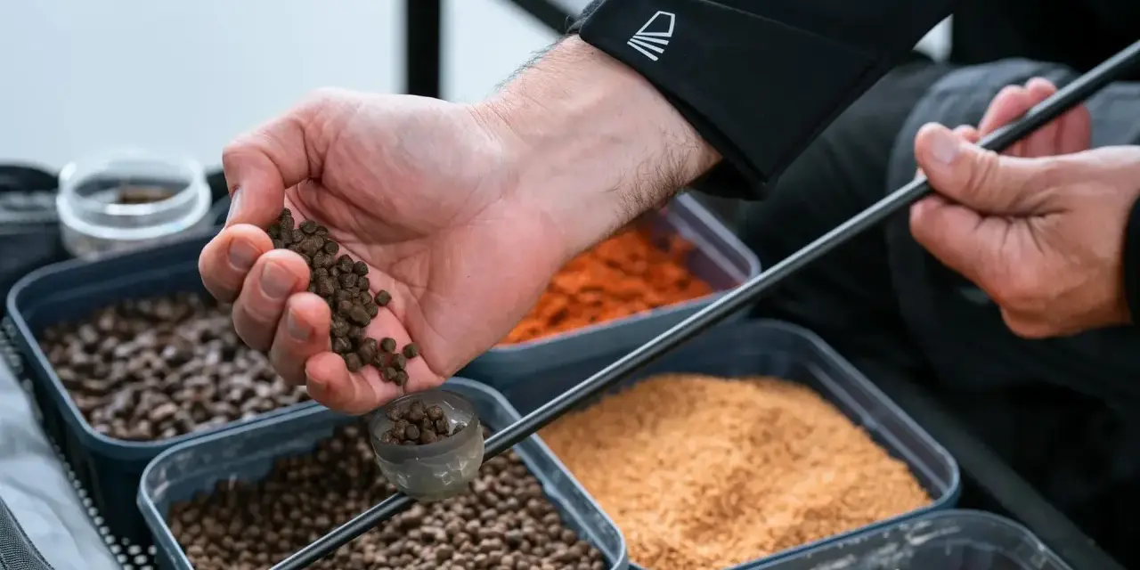 Ręka wsypuje pellet do kubeczka na wędce. To kluczowy etap, jak zrobić zanętę na ryby, obok pojemników z różnymi składnikami.