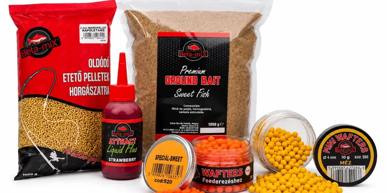 Pokarm wabiący ryby: pellety, ground bait, płynne atraktory i waftery w różnych smakach i kolorach, gotowe na udane połowy.