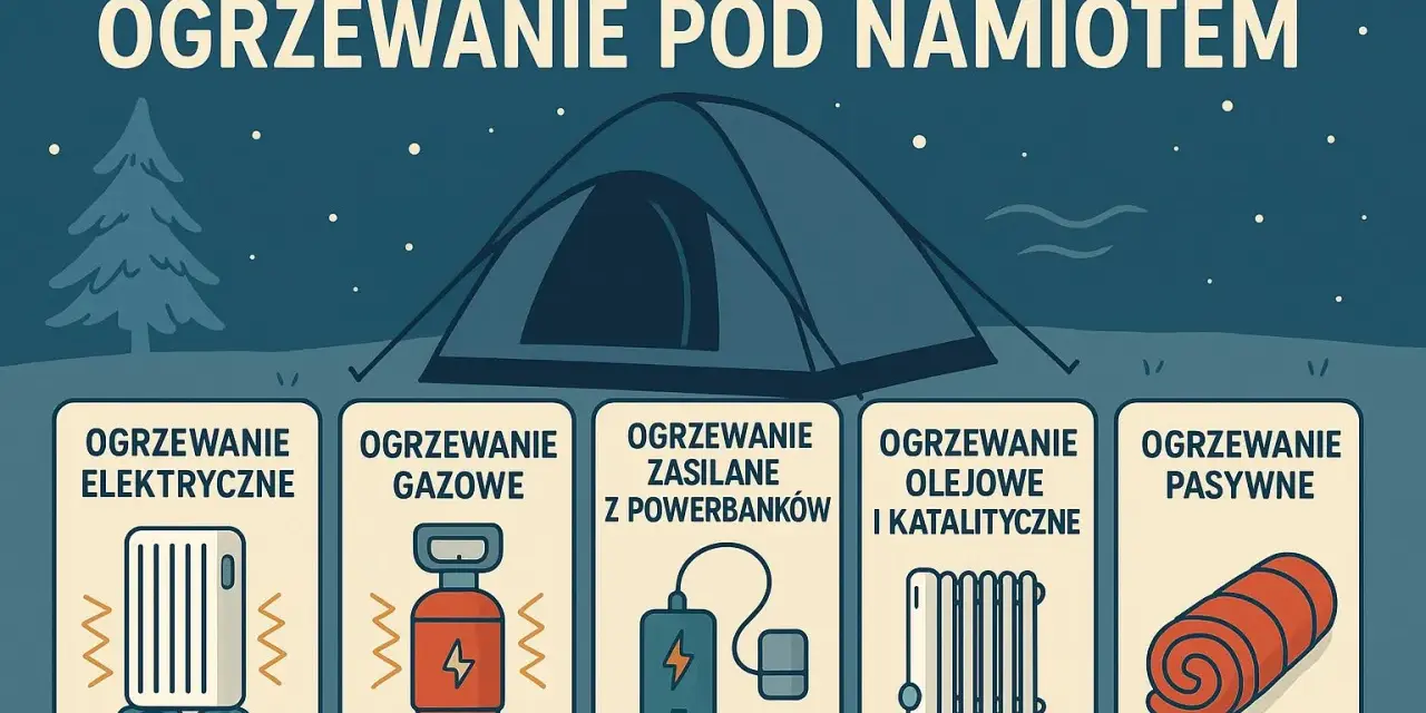 Ilustracja pokazuje różne sposoby, jak ogrzać namiot: elektryczne, gazowe, z powerbanków, olejowe, katalityczne i pasywne.