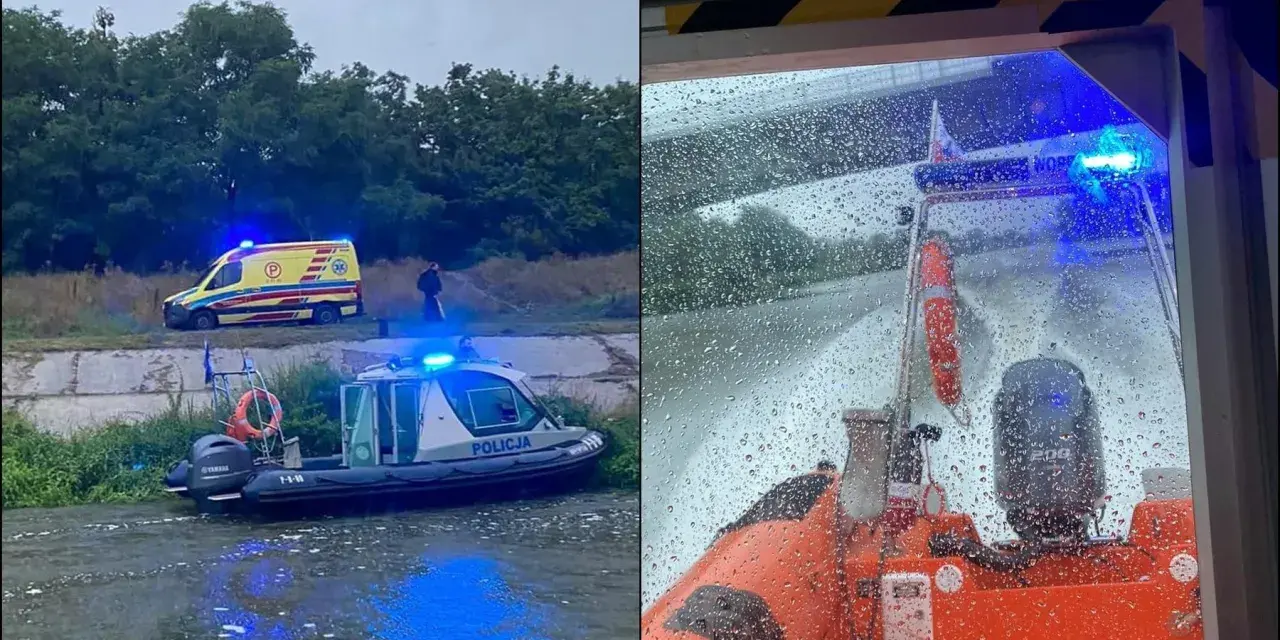 Akcja ratunkowa nad wodą: policja i karetka na sygnale. Na drugim zdjęciu widać łódź ratunkową, być może w akcji na Opatowicach.