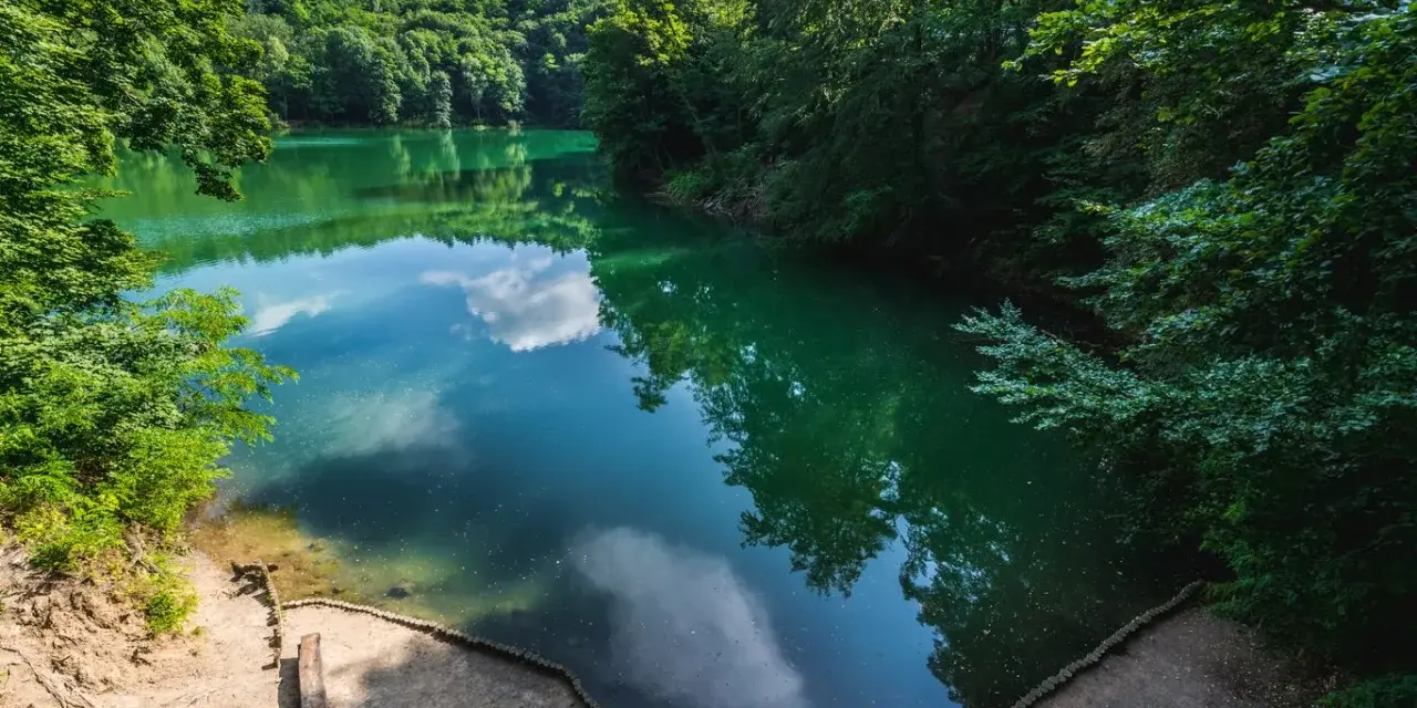 Malownicze jezioro szmaragdowe w Koninie otoczone bujną zielenią.
