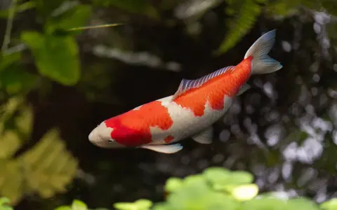 Pomarańczowo-biały karp koi, być może najstarszy karp koi, pływa w stawie wśród zieleni.