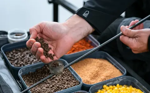 Ręka wsypuje pellet do kubeczka na wędce. To kluczowy etap, jak zrobić zanętę na ryby, obok pojemników z różnymi składnikami.