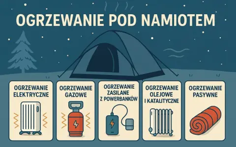 Ilustracja pokazuje różne sposoby, jak ogrzać namiot: elektryczne, gazowe, z powerbanków, olejowe, katalityczne i pasywne.