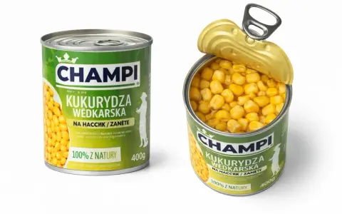 Puszka kukurydzy wędkarsskiej Champi, idealna na ryby. Ziarna kukurydzy w zalewie, gotowe do użycia.