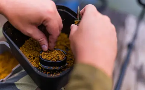 Ręce przygotowują zanętę, nabierając pellet z pojemnika. To kluczowy etap, by dowiedzieć się, jak wysuszyć pellet do wędkowania.