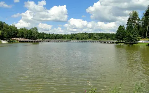 Spokojny zalew Czarna Białostocka z drewnianym pomostem i zielonymi drzewami w tle.