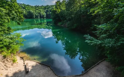 Malownicze jezioro szmaragdowe w Koninie otoczone bujną zielenią.