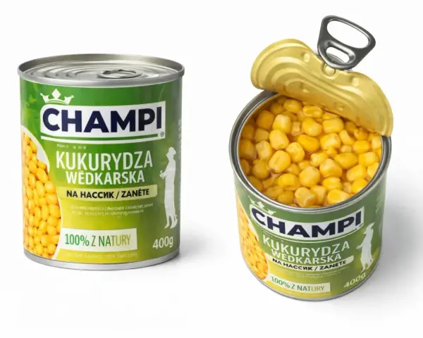 Puszka kukurydzy wędkarsskiej Champi, idealna na ryby. Ziarna kukurydzy w zalewie, gotowe do użycia.