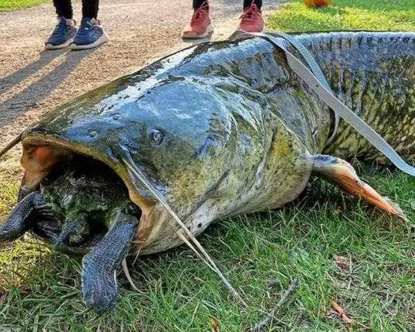 Gigantyczny sum z otwartym pyskiem, w którym widać żółwia. To był prawdziwy atak suma na nieostrożnego gada.