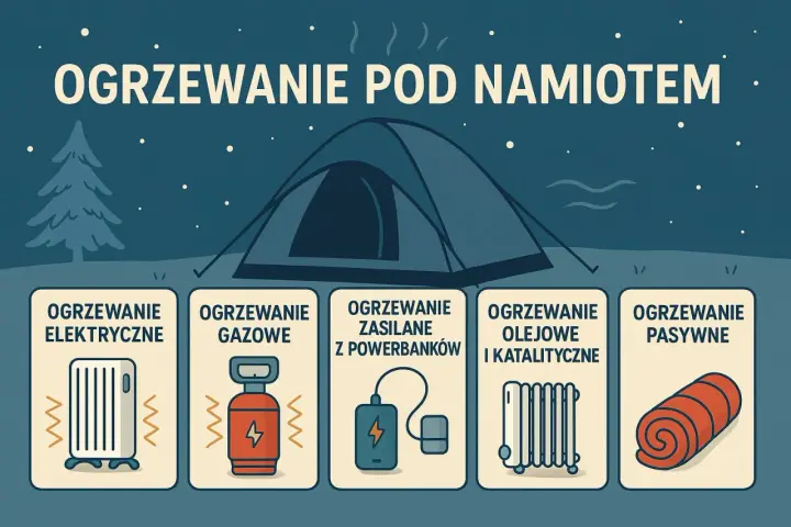 Ilustracja pokazuje różne sposoby, jak ogrzać namiot: elektryczne, gazowe, z powerbanków, olejowe, katalityczne i pasywne.