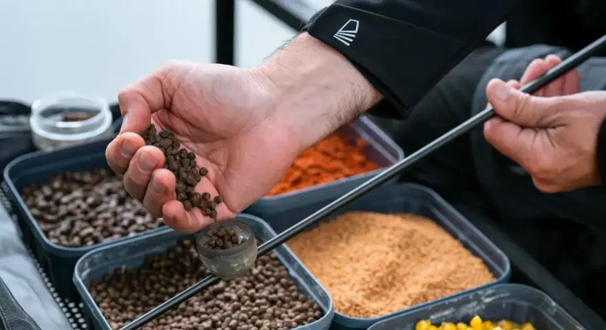 Ręka wsypuje pellet do kubeczka na wędce. To kluczowy etap, jak zrobić zanętę na ryby, obok pojemników z różnymi składnikami.