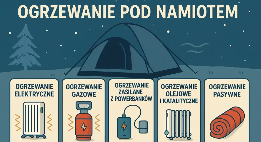 Ilustracja pokazuje różne sposoby, jak ogrzać namiot: elektryczne, gazowe, z powerbanków, olejowe, katalityczne i pasywne.