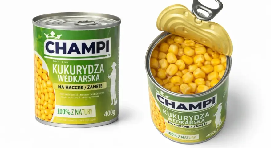 Puszka kukurydzy wędkarsskiej Champi, idealna na ryby. Ziarna kukurydzy w zalewie, gotowe do użycia.