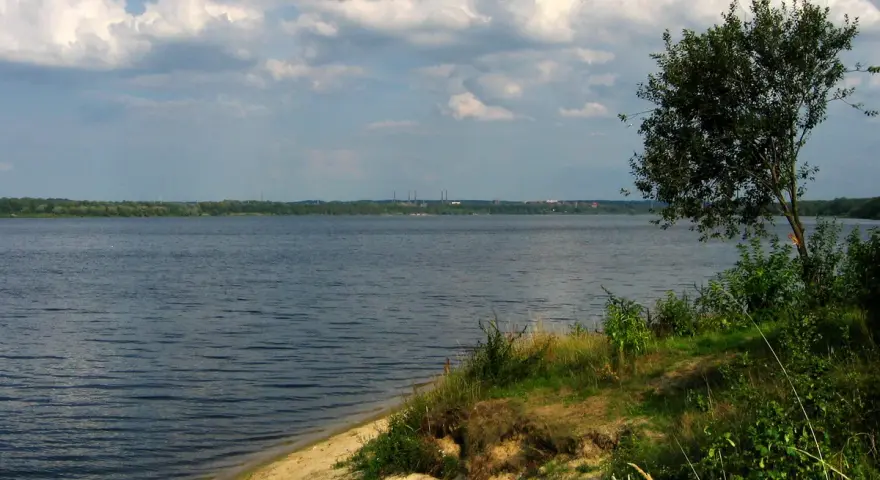 Spokojny, szeroki dzierżno duże z piaszczystym brzegiem i drzewem na pierwszym planie. W oddali widoczny las i kominy.