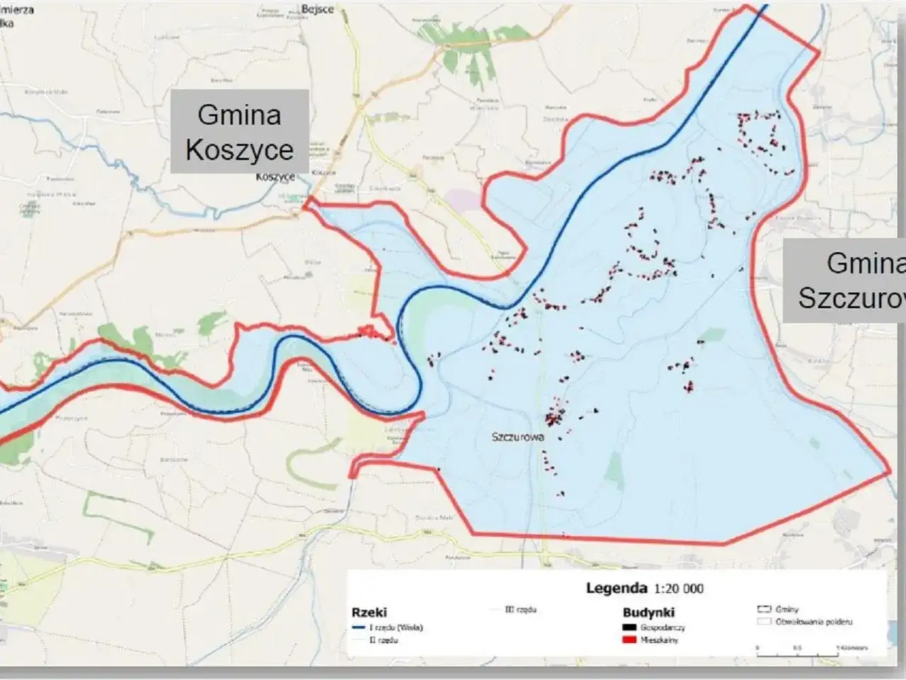 Mapa z zaznaczonymi granicami gmin Koszyce i Szczurowa, rzeką Wisłą i budynkami. Widać obszary z potencjalnym stawem bez pozwolenia wymiary.