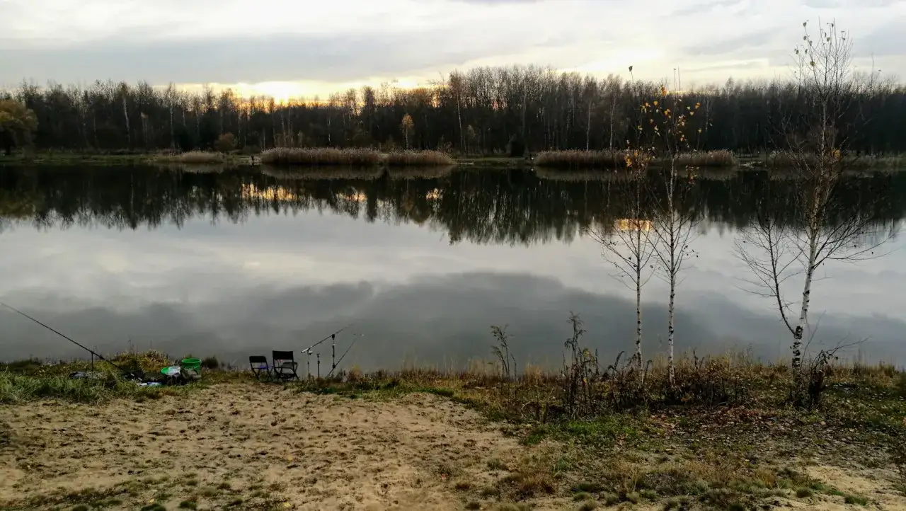 Spokojny staw Borki o zachodzie słońca, z odbijającymi się drzewami i chmurami w wodzie. Wędki i krzesła czekają na ryby.