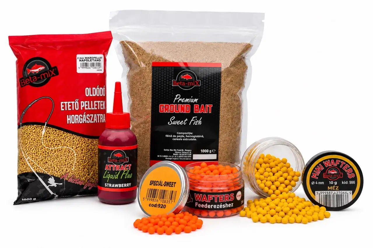 Zestaw przynęt wędkarskich Beta-mix: pellety, ground bait, płynny atrakt o zapachu na lina i waftery.
