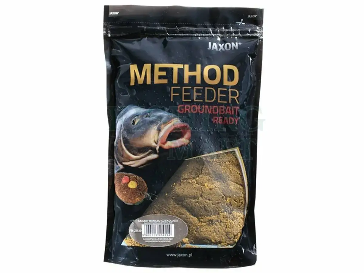 Gotowa zanęta Jaxon Method Feeder Banan Wanilia Czekolada. Idealna, by szybko przygotować mieszankę do koszyczka.